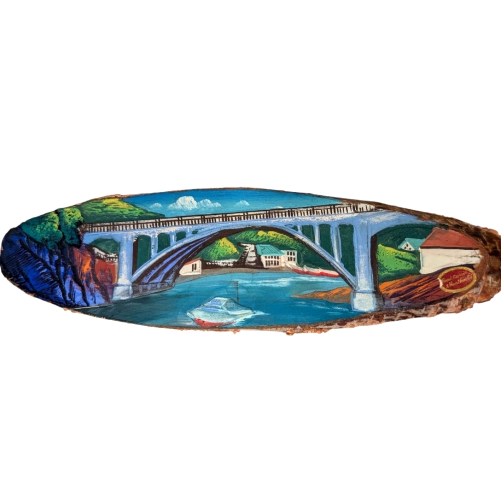 Vintage Japanese Hand Painted Carved Picture Wall Hanging on Wood Bridge Rare